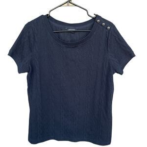 Lands End Nautical Womens Top Large Blue Textured Anchor Button Short Sleeve